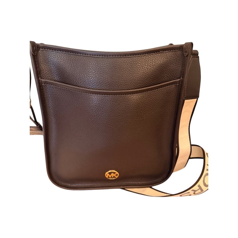 Michael Kors Chocolate Brown Pebbled Leather Messenger Crossbody – Logo Webbing